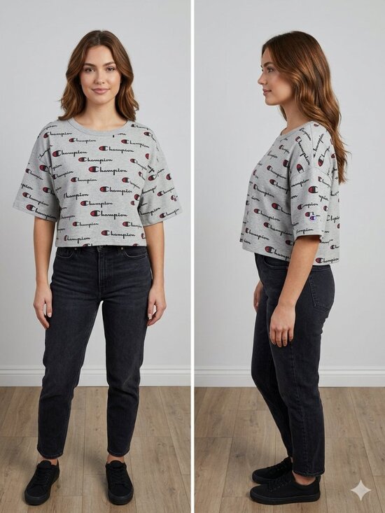 Champion Tops - NWT Champion Womens Script Printed Gray Cropped Tee All-Over Logo Sleeve Size XL